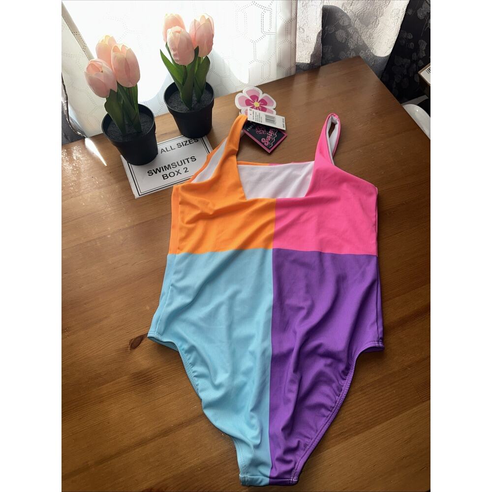 Andy Evan Girls One Piece Swimsuit Large 12/14 Pink Color Block UPF 50+ NWT